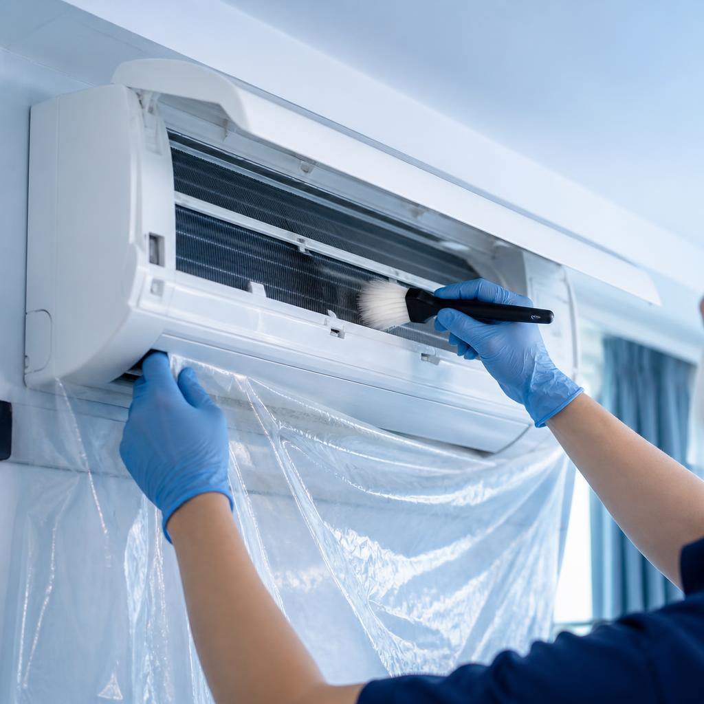 Close detail of an air conditioner being carefully cleaned